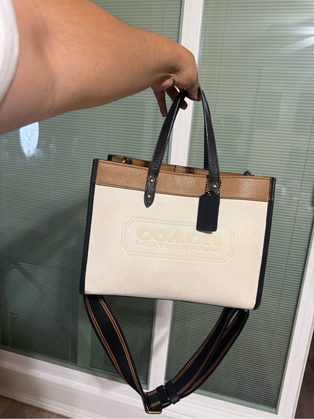 Coach Two-Tone Leather Tote with Striped Strap — Cream, Brown & Black